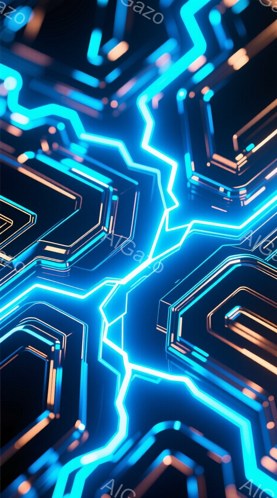 鮮やかなネオンブルーとオレンジ色の光が、幾何学的な構造物を照らし出している。複雑に絡み合った六角形や直線が、未来的な回路やエネルギーの流れを想起させる抽象的な構図だ。全体的に、技術的で躍動感のある、サイバーパンク的な雰囲気を醸し出している。