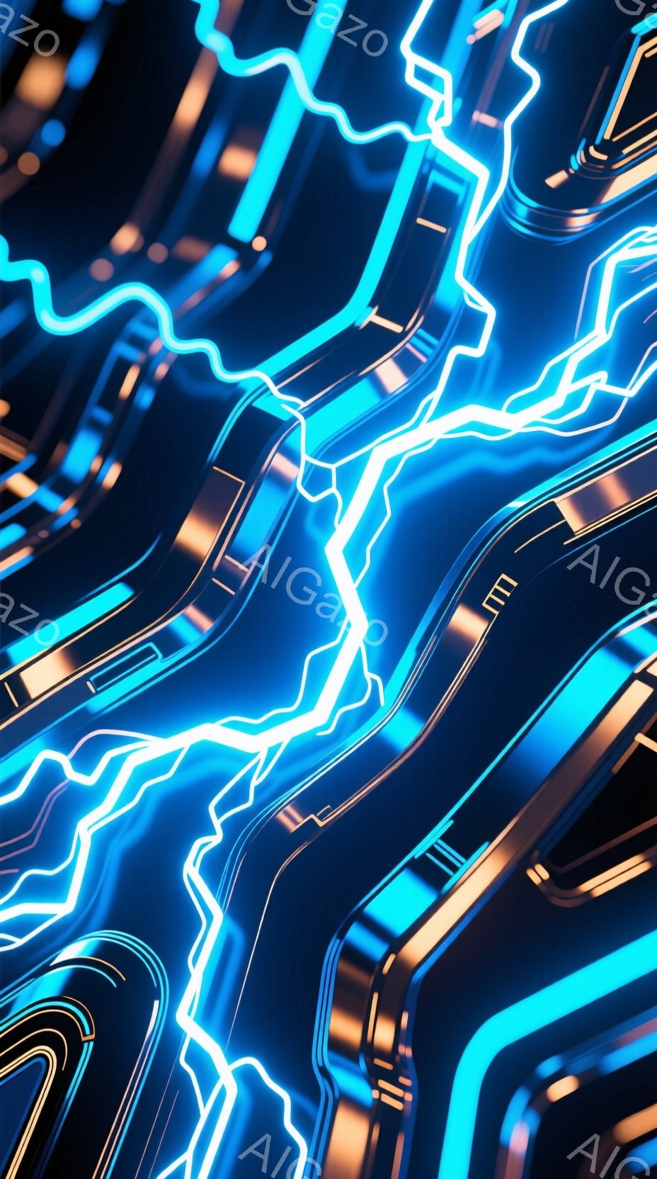 鮮やかなネオンブルーとオレンジ色の光が、複雑に絡み合った未来的な構造物を形成しています。まるで回路基板やエネルギーの流れを抽象化したような、流動的で有機的なラインが特徴的です。背景は深い闇に包まれ、光のコントラストが強調され、サイバーパンクまたはテクノロジーをテーマにした雰囲気を作り出しています。