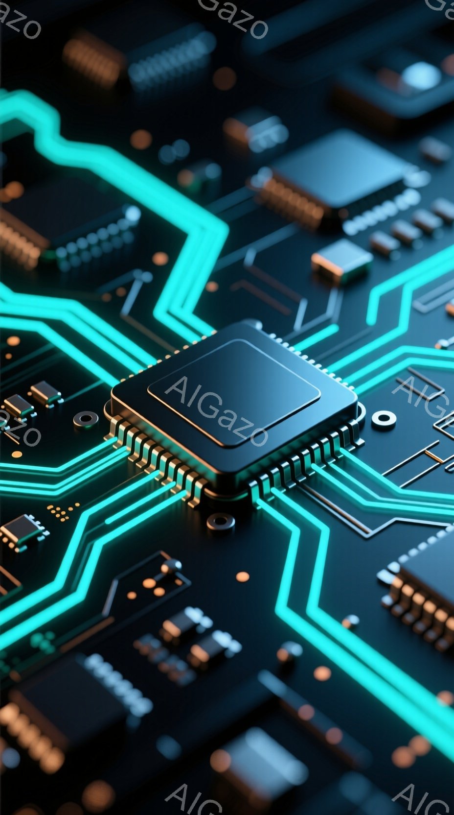 この画像は、鮮やかなターコイズブルーの配線が複雑に走る、電子回路基板のクローズアップです。中央には、黒色のCPUチップが配置され、そのピンが基板に接続されています。全体的にメタリックな質感で、未来的な - AI生成フリー素材