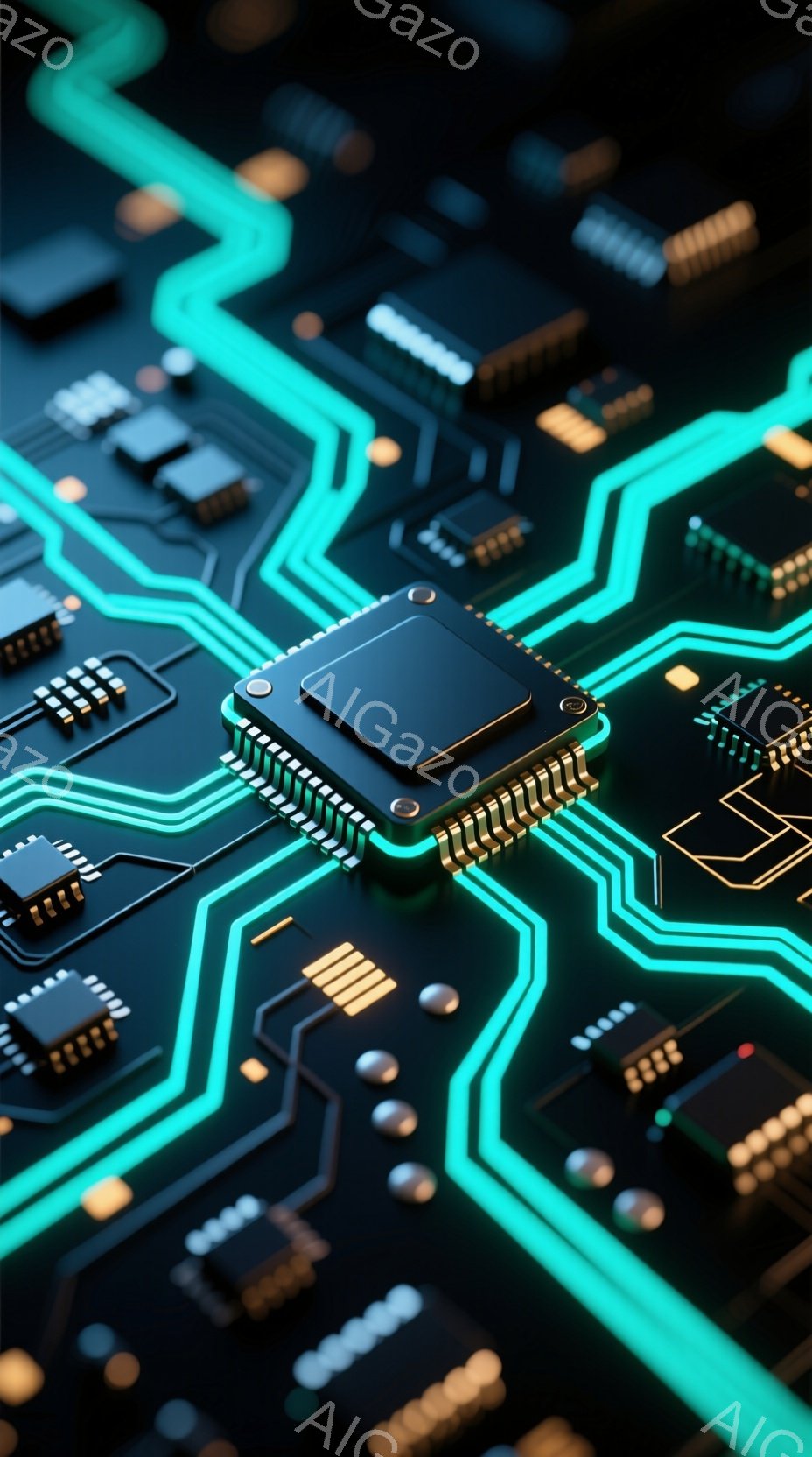 この画像は、回路基板のクローズアップで、鮮やかなターコイズブルーの線が複雑に走っています。中央には、銀色のピンを持つ黒いチップが配置され、基板上の他の小さな電子部品と組み合わさって、高度なテクノロジー - AI生成フリー素材