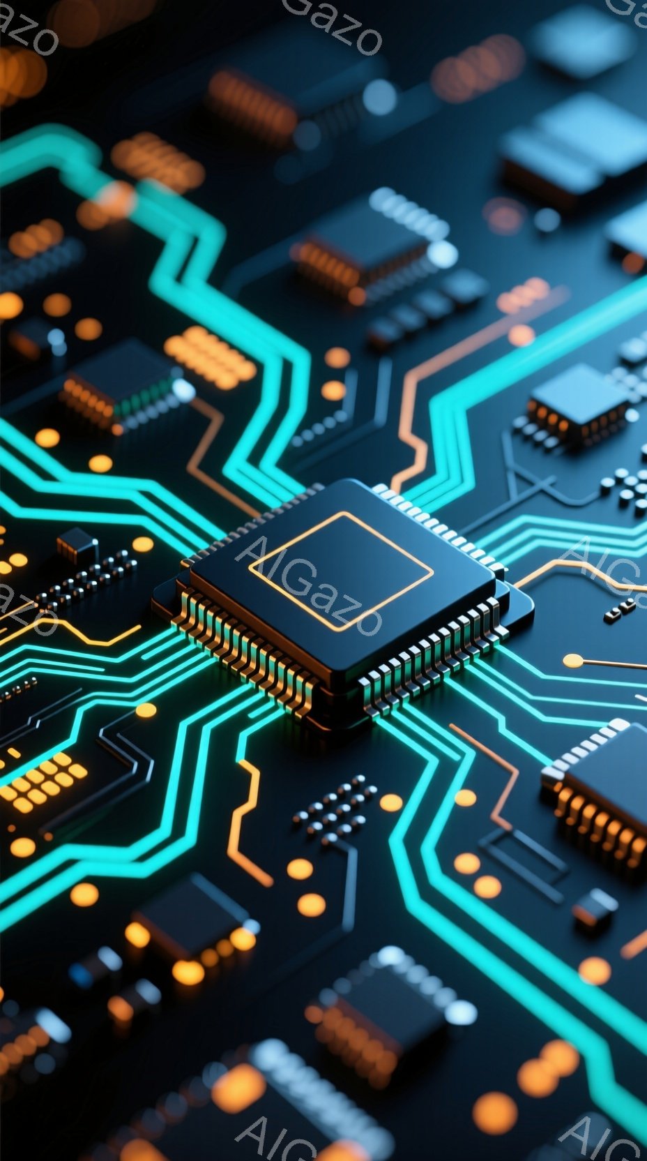 この画像は、回路基板をクローズアップしたもので、ネオンブルーとオレンジ色の光が流れるようなパターンで描かれています。中央には、金色の縁取りと黒色のチップを持つ、高度なプロセッサが配置されており、技術と - AI生成フリー素材