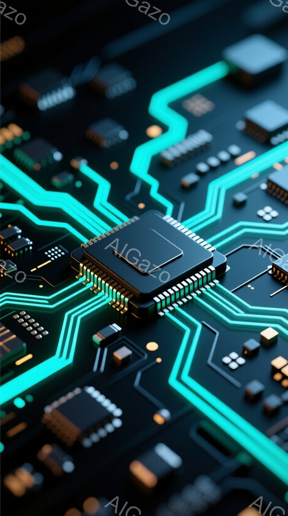 この画像は、複雑な回路基板をクローズアップしたものです。ターコイズブルーの配線が鮮やかに光り、金色の小さな電子部品が規則的に配置されています。黒い基板上に、中央には大型のICチップが配置され、未来的な - AI生成フリー素材