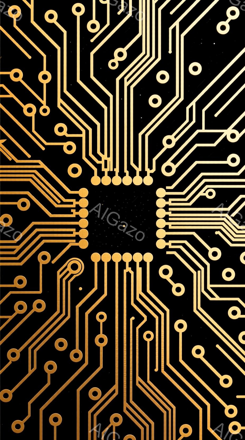 漆黒の背景に、金色の回路のような模様が放射状に広がっています。細い線と円が複雑に絡み合い、まるで電子基板や神経回路網を想起させます。全体的に未来的で、テクノロジーを感じさせるデザインです。 - AI生成フリー素材