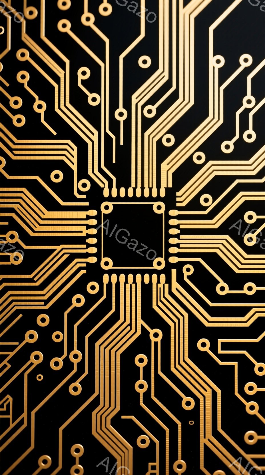 画像は黒背景に金色の回路パターンが複雑に描かれています。回路は中心に向かって放射状に広がり、小さな円形の接続ポイントと細い線で構成されています。全体的に、未来的で技術的な雰囲気を持ち、電子機器や基板を連想させます。