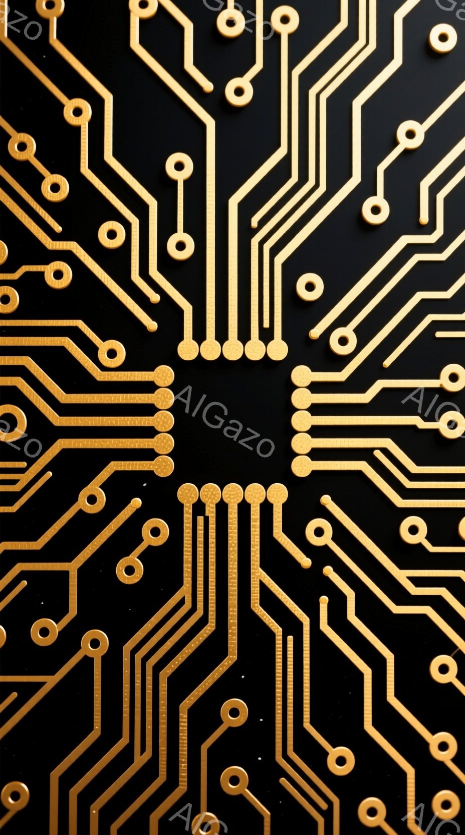 黒い背景に、金色の回路のような線が放射状に広がっている。線は細く、複雑に絡み合い、小さな円形の接点を持つ。全体として、テクノロジー、電子機器、または未来的なネットワークを想起させる、洗練された抽象的な - AI生成フリー素材