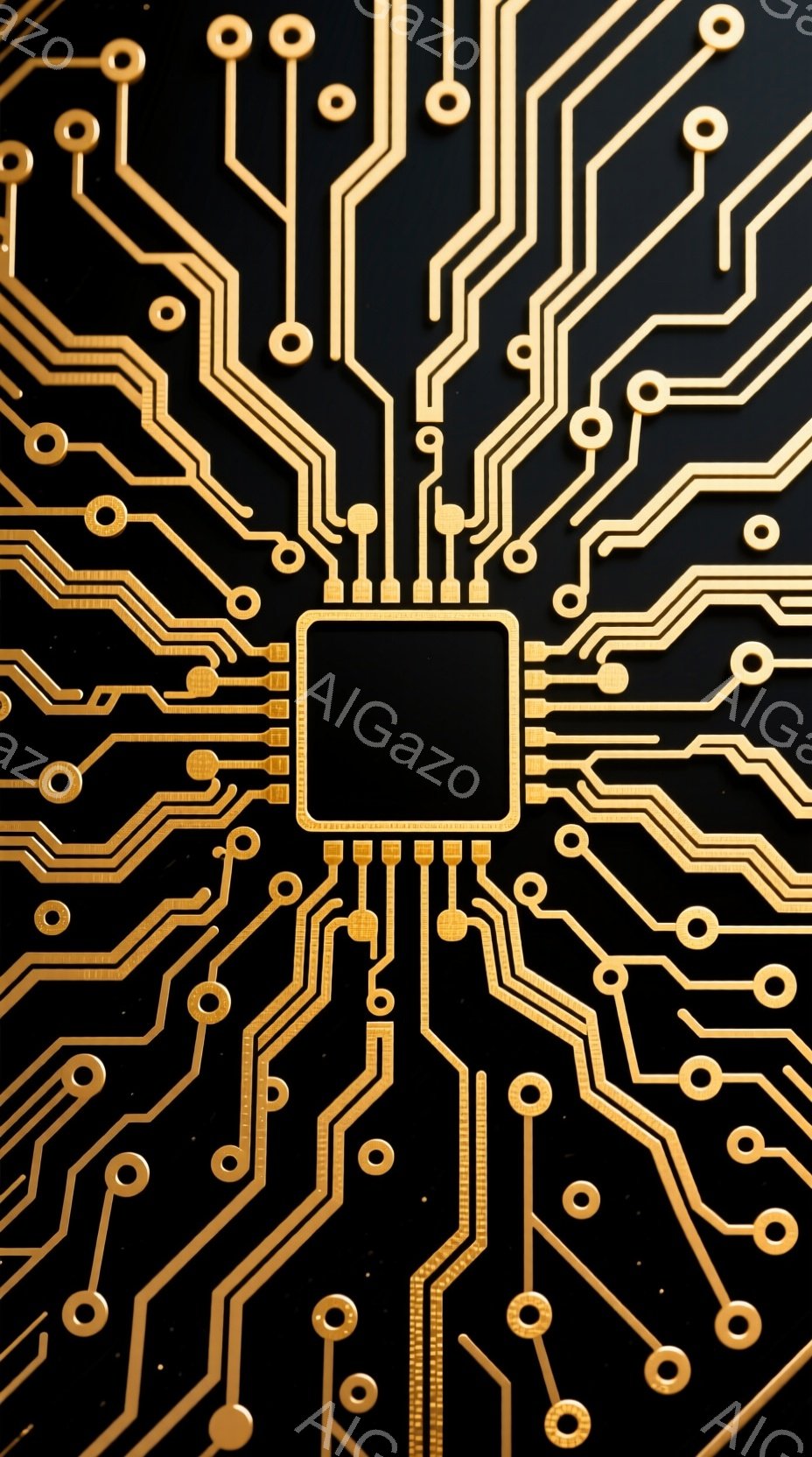 黒い背景に、金色の回路が放射状に広がっている様子が描かれています。回路の中心には黒い四角いチップがあり、細い金色の線がチップから広がり、円形の接点へと繋がっています。全体的に未来的で技術的な雰囲気があり、精密な電子機器内部のような印象を与えます。