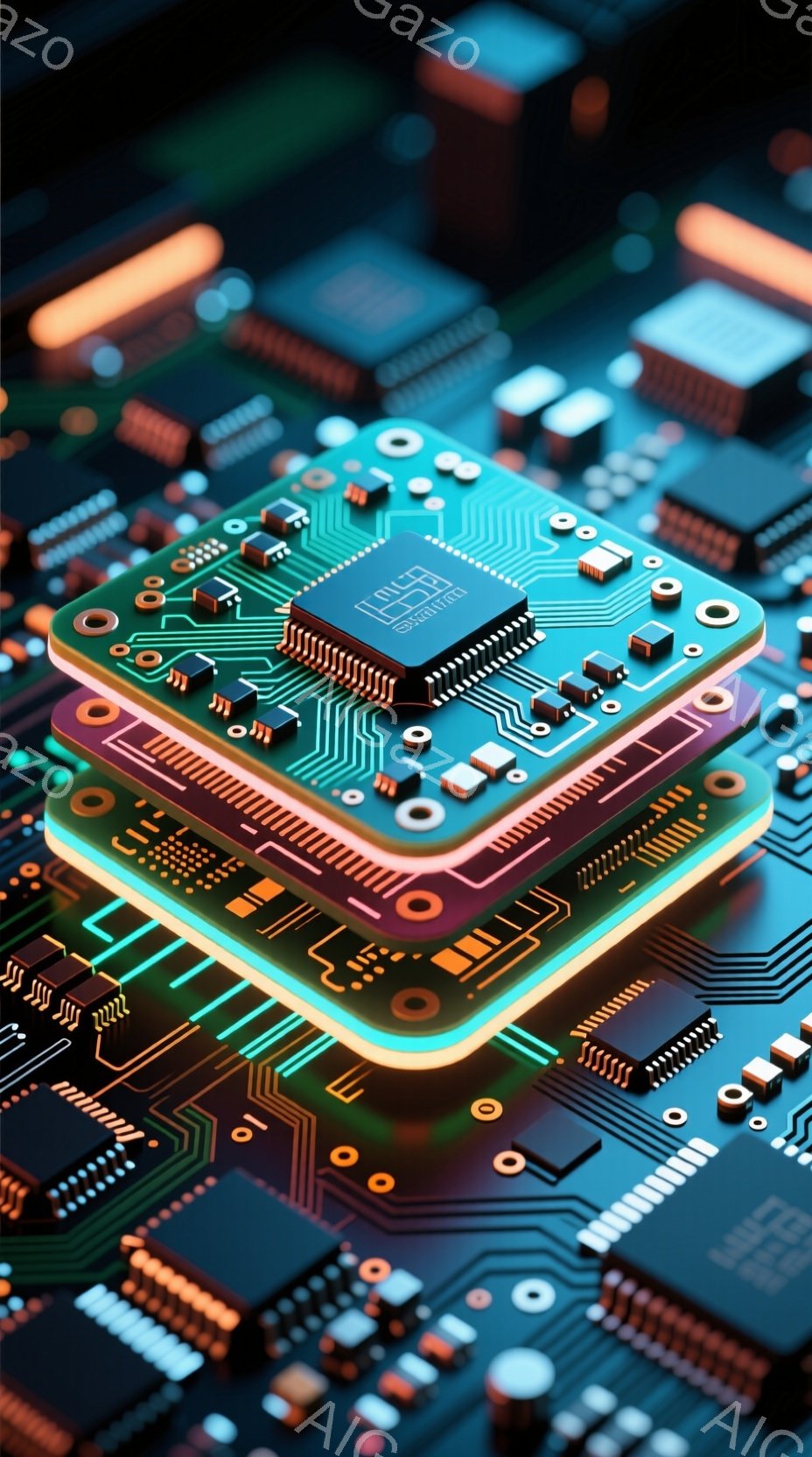 この画像は、複雑な電子回路基板を強調した近未来的な構成です。ターコイズブルーと紫色の基板に、金色のトレースと小さな電子部品が密集しており、中央の基板は発光しているように見えます。全体的に、高技術とデータ処理の概念を表現する、鮮やかでダイナミックな雰囲気があります。