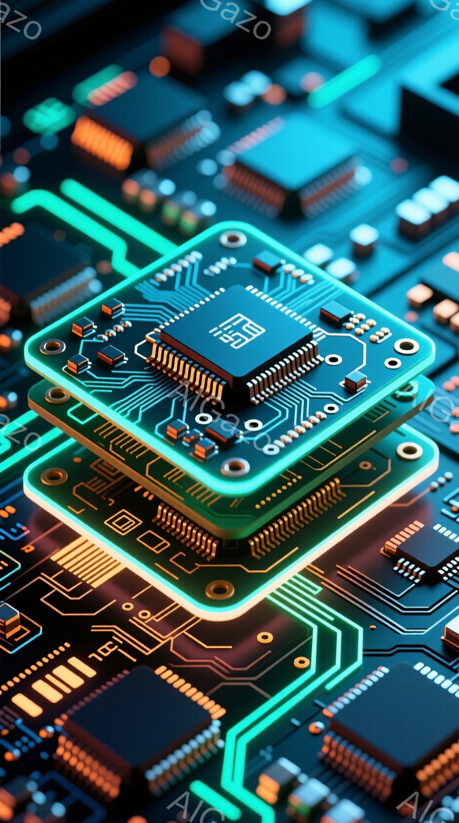 この画像は、複雑な電子回路基板のクローズアップです。緑色の配線と金色のチップ部品が緻密に配置され、未来的なテクノロジーを感じさせます。鮮やかな色彩と光沢のある質感は、高度な技術の結晶を表現しています。 - AI生成フリー素材