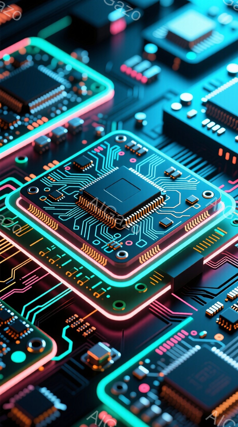 この画像は、複雑な回路基板のクローズアップで、鮮やかなネオンブルーとピンクの光が特徴です。基板は角度をつけて配置され、複数のチップや電子部品が組み込まれており、未来的なテクノロジーの雰囲気を醸し出して - AI生成フリー素材
