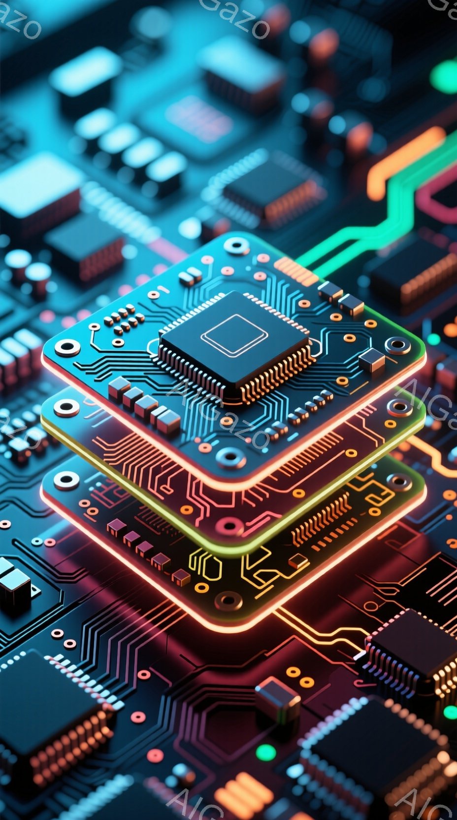 この画像は、未来的な回路基板を重ねたクローズアップであり、鮮やかなネオンカラーで照らされています。複雑な電子部品と金色のラインが基板上に並び、技術的な精密さと洗練されたデザインを強調しています。背景は同様の回路パターンで埋め尽くされており、高度なテクノロジーとデジタル世界の雰囲気を醸し出しています。