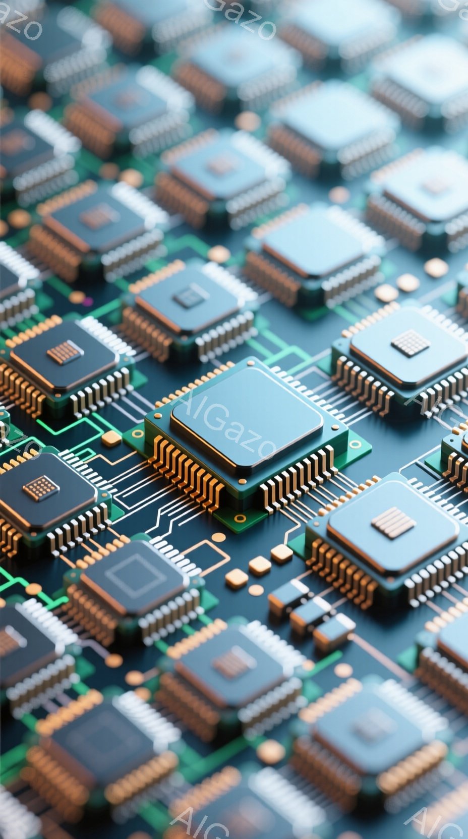 この画像は、プリント基板の非常に詳細なクローズアップです。青と緑の回路が複雑に絡み合い、多数のマイクロチップや電子部品が密集して配置されています。金属製の配線や接続が光沢を放ち、高度な技術と精密さを感じさせる、未来的で産業的な雰囲気を醸し出しています。