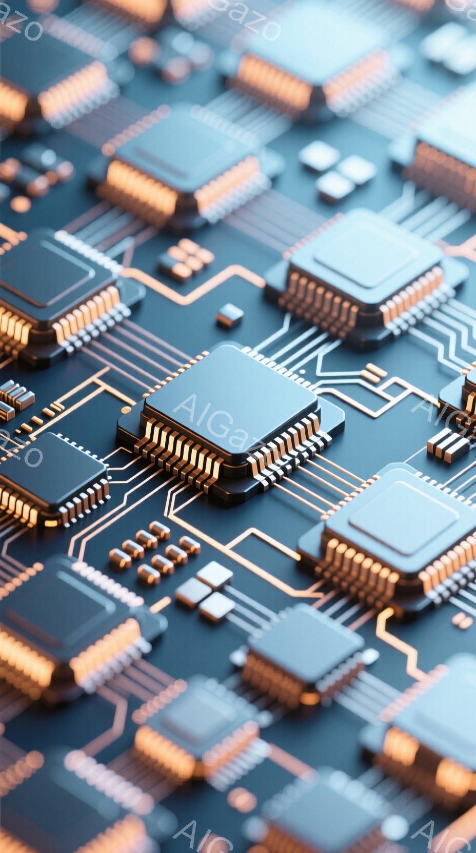 この画像は、電子回路基板をクローズアップしたものです。金色の配線が複雑に絡み合い、黒いICチップが規則正しく並んでいます。鮮やかなオレンジ色と黒色のコントラストが、技術的な精密さと未来的な印象を与えます。