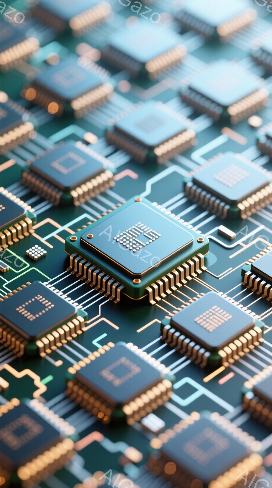 この画像は、プリント基板上に密集した電子チップのクローズアップです。チップは四角形で、金色のピンが並び、緑色の基板にしっかりと固定されています。基板上の白い線は回路を表しており、現代技術の複雑さと精密さを強調しています。