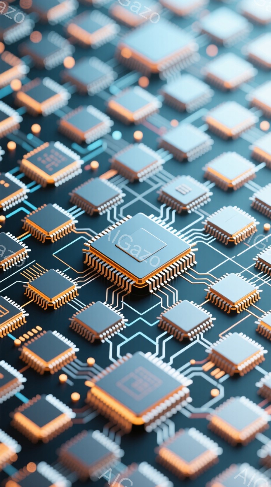 暗い背景に、金色の縁取りがされた黒いマイクロチップが整然と並べられています。チップの間には、青い線で描かれた複雑な回路が張り巡らされており、高度な技術やデジタルネットワークを想起させます。全体的に、近未来的で精密な印象を与える画像です。