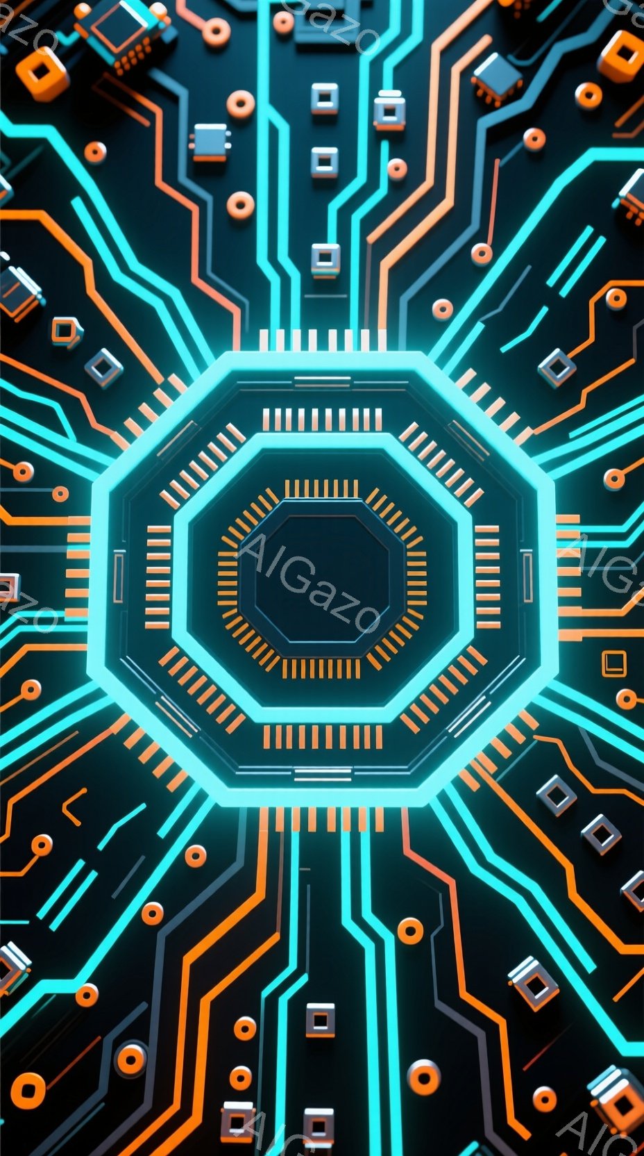この画像は、ターコイズブルーとオレンジ色の回路が複雑に絡み合った抽象的なパターンを示しています。中心には黒い八角形の空間があり、その周囲に光る線が放射状に広がっています。全体的に未来的なテクノロジーを感じさせる、幾何学的で鮮やかなビジュアルです。
