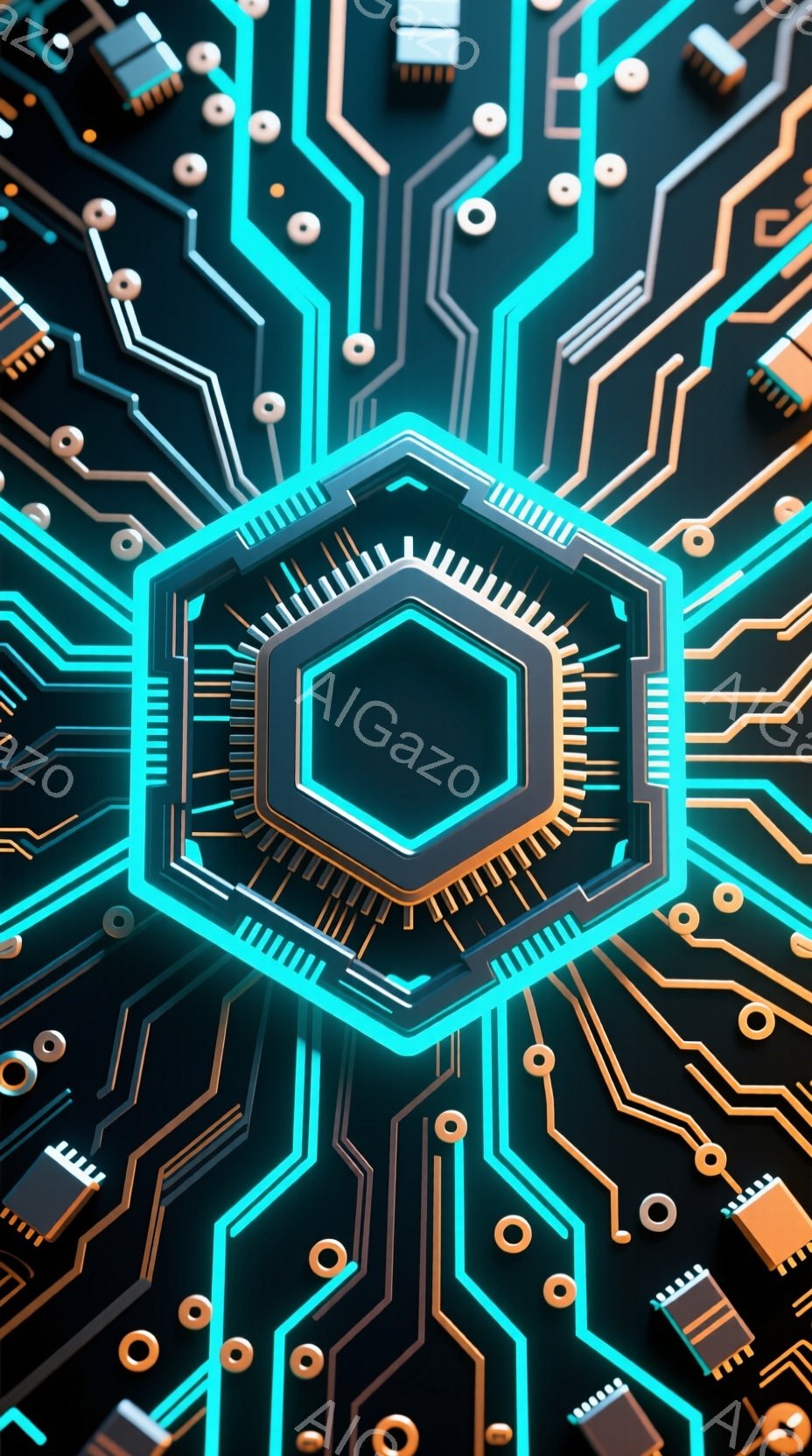 この画像は、暗い背景に鮮やかなネオンブルーとゴールドの回路基板のようなパターンが描かれています。中央には、複数の層が重なった六角形の構造があり、明るい青色の光を放っています。全体的に未来的なテクノロジーを連想させる、洗練された雰囲気です。