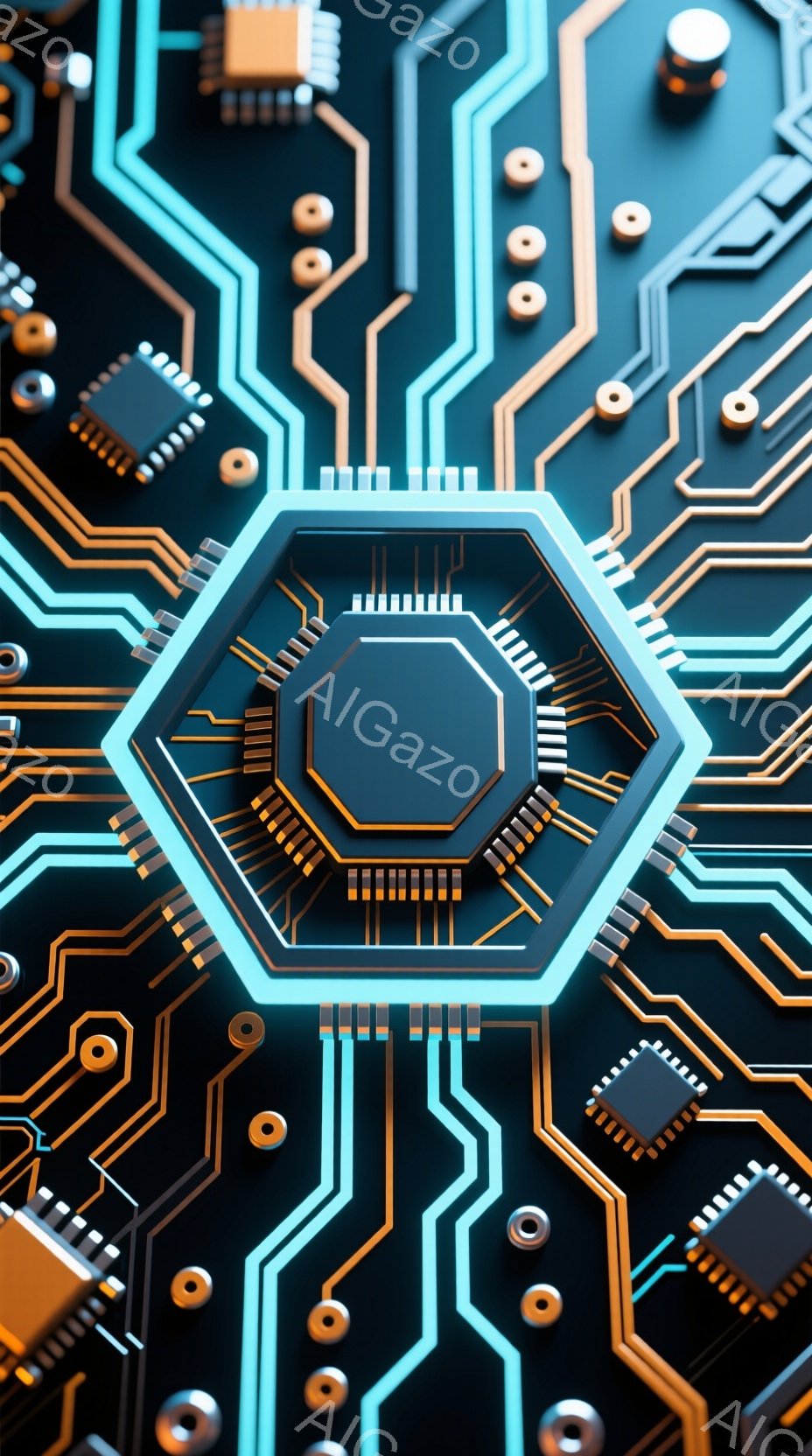 この画像は、複雑な電子回路基板を捉えたクローズアップです。明るい青色とオレンジ色の線が、暗い背景を彩り、精密な技術と未来的なデザインを強調しています。中央には、発光する六角形の構造があり、まるで中心的 - AI生成フリー素材