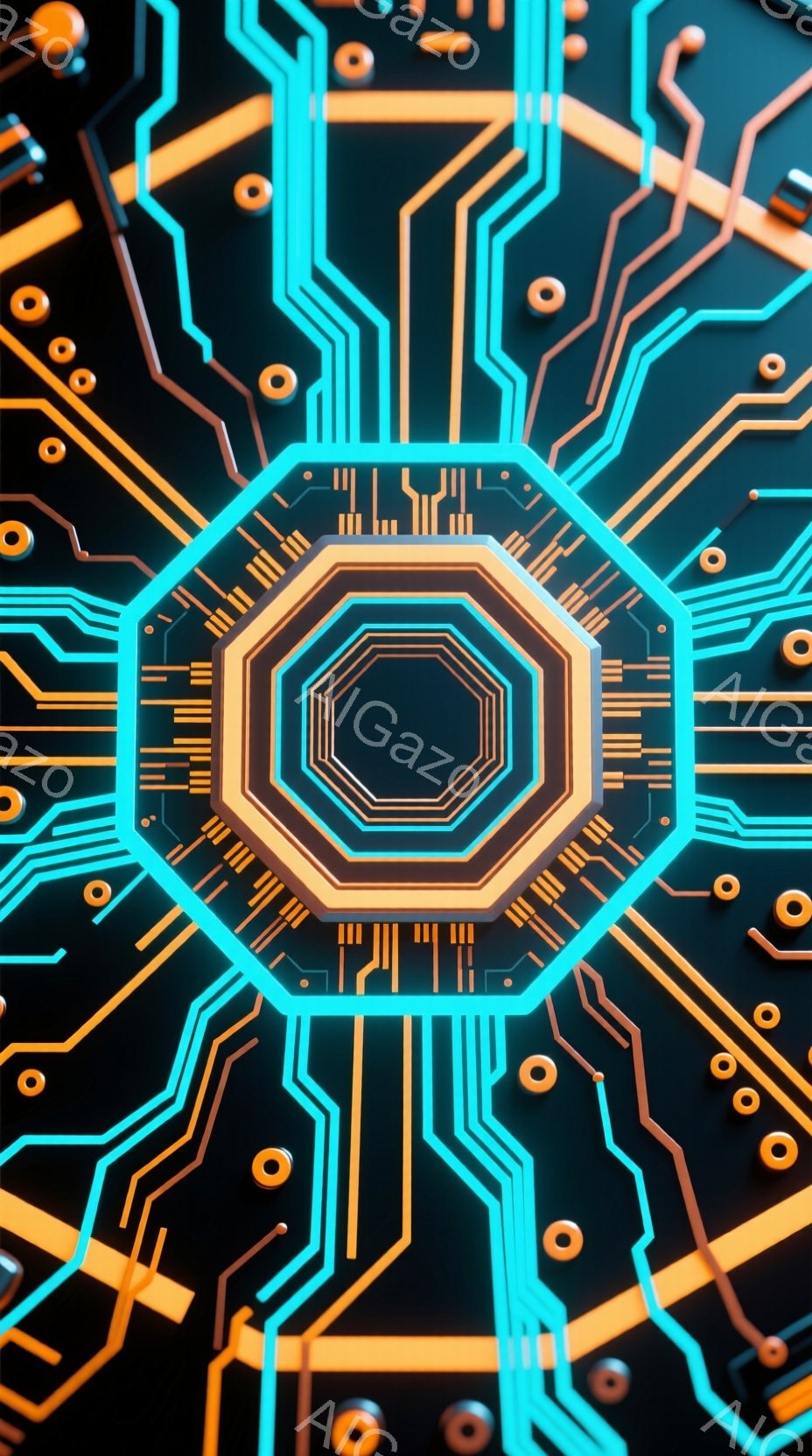 画像は、黒い背景にネオンカラーの回路が複雑に描かれた抽象的なデザインです。中心には同心円状に配置された八角形があり、鮮やかな青とオレンジのラインが未来的な印象を与えています。全体として、サイバーパンク - AI生成フリー素材