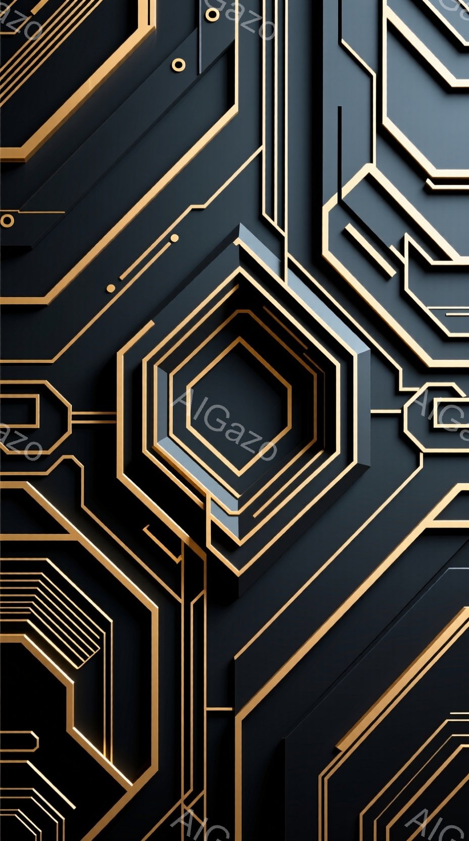 漆黒の背景に、金色の幾何学的な線が複雑に絡み合い、多層構造の六角形が浮かび上がっている。光沢のある素材と影のコントラストが、未来的な回路や内部構造を想起させる、洗練された印象を与える。全体として、ミニ - AI生成フリー素材