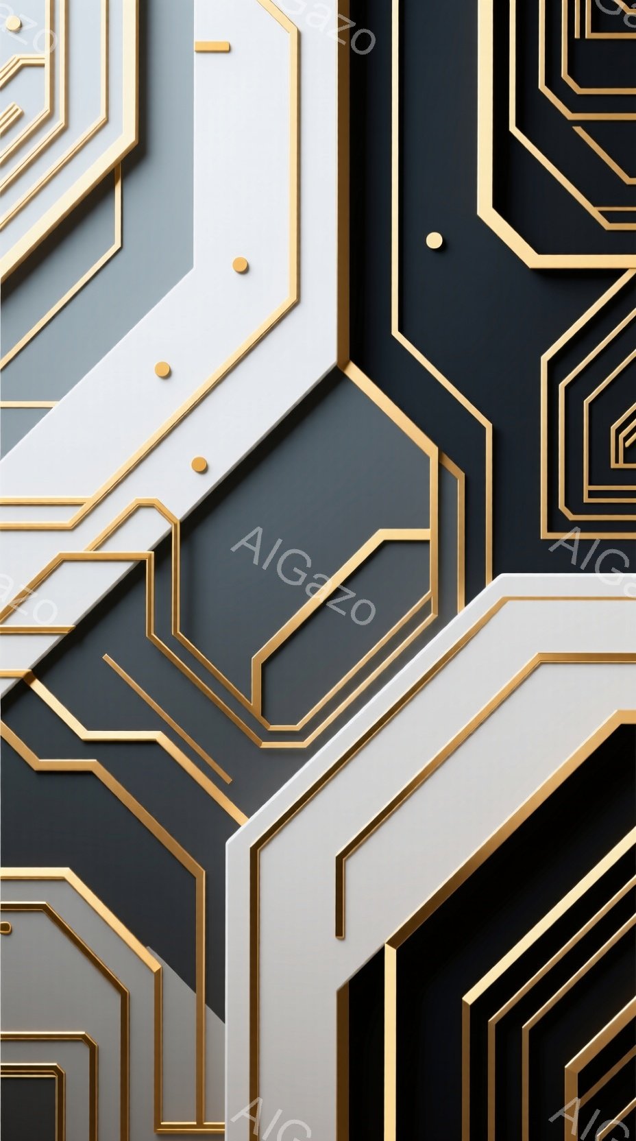 この画像は、幾何学的な模様が複雑に絡み合った抽象的な構成です。白、黒、金色の組み合わせが特徴的で、立体的な陰影によって奥行きが強調されています。模様は多角形や直線で構成され、洗練されたモダンな雰囲気を - AI生成フリー素材