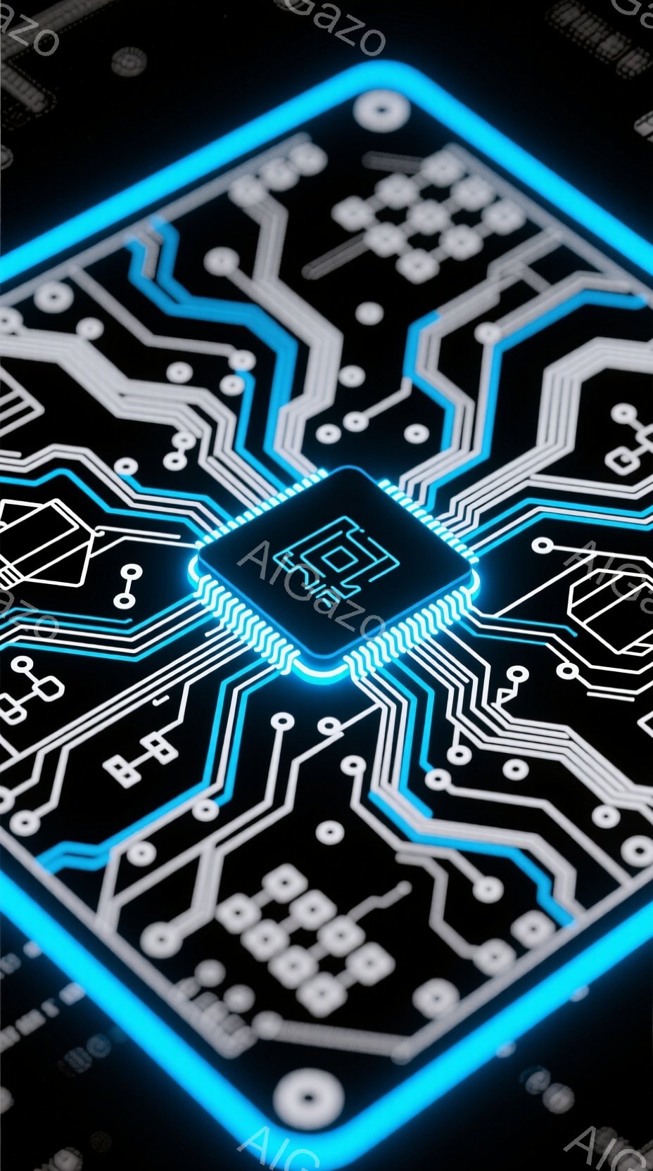 この画像は、青色の光る電子回路基板を捉えたものです。基板の中心には小さなチップが配置されており、複雑な配線がチップから放射状に広がっています。全体的に未来的な雰囲気で、暗い背景が回路の鮮やかな青色を際 - AI生成フリー素材