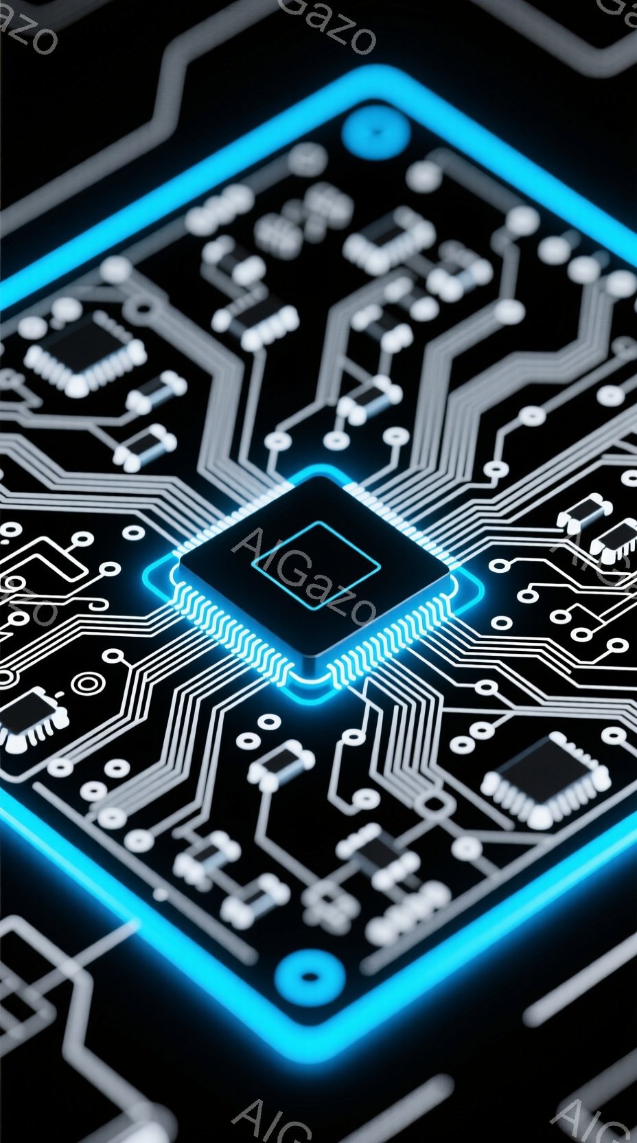 この画像は、黒い背景に、青く光る電子回路が描かれた四角いデザインです。中央には、小さな四角いチップが配置され、周囲に複雑な配線が広がっています。未来的なテクノロジーを感じさせる、クールで洗練された雰囲 - AI生成フリー素材