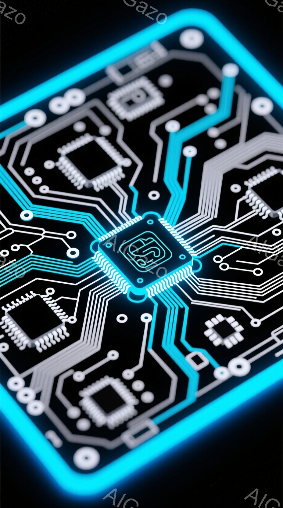 この画像は、暗い背景に浮かび上がる電子回路基板を捉えています。基板は細い線で複雑なパターンを描き、中央にはICチップが配置されています。明るい青色の光が基板の縁を縁取り、未来的な雰囲気を醸し出していま - AI生成フリー素材