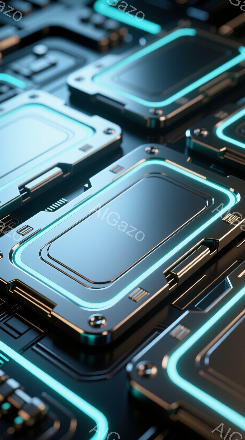 この画像は、未来的な回路基板のクローズアップです。金属製のパネルが光る青いラインで縁取られ、複雑な電子機器のような印象を与えます。全体的にクールで、ハイテクな雰囲気を醸し出しています。 - AI生成フリー素材