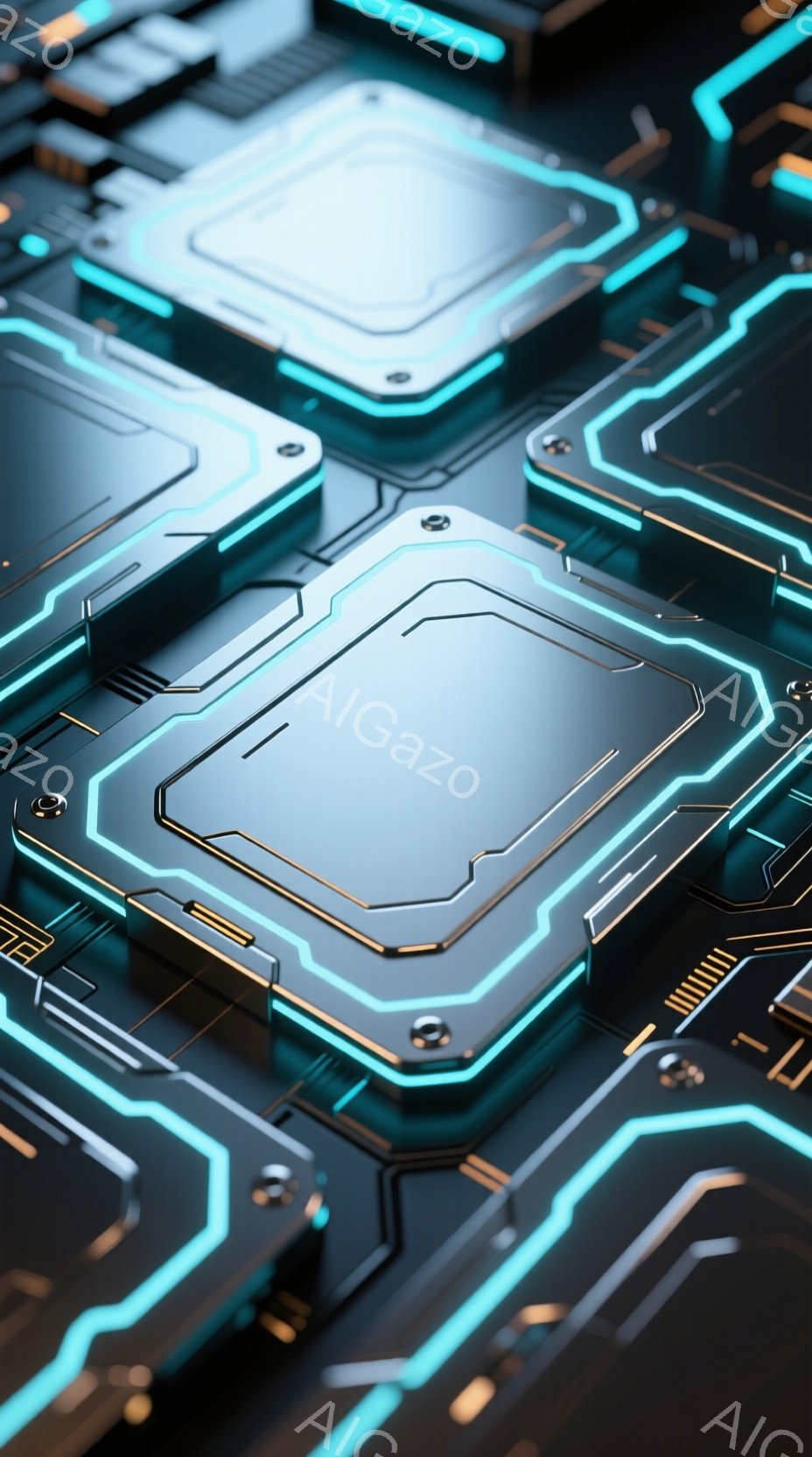 この画像は、未来的な回路基板をクローズアップしたもので、青色のネオンライトが回路の縁を縁取っています。基板は黒色の背景に配置され、精密な技術と洗練されたデザインが強調されています。全体的に、クールで未来的、そしてテクノロジーを感じさせる雰囲気です。