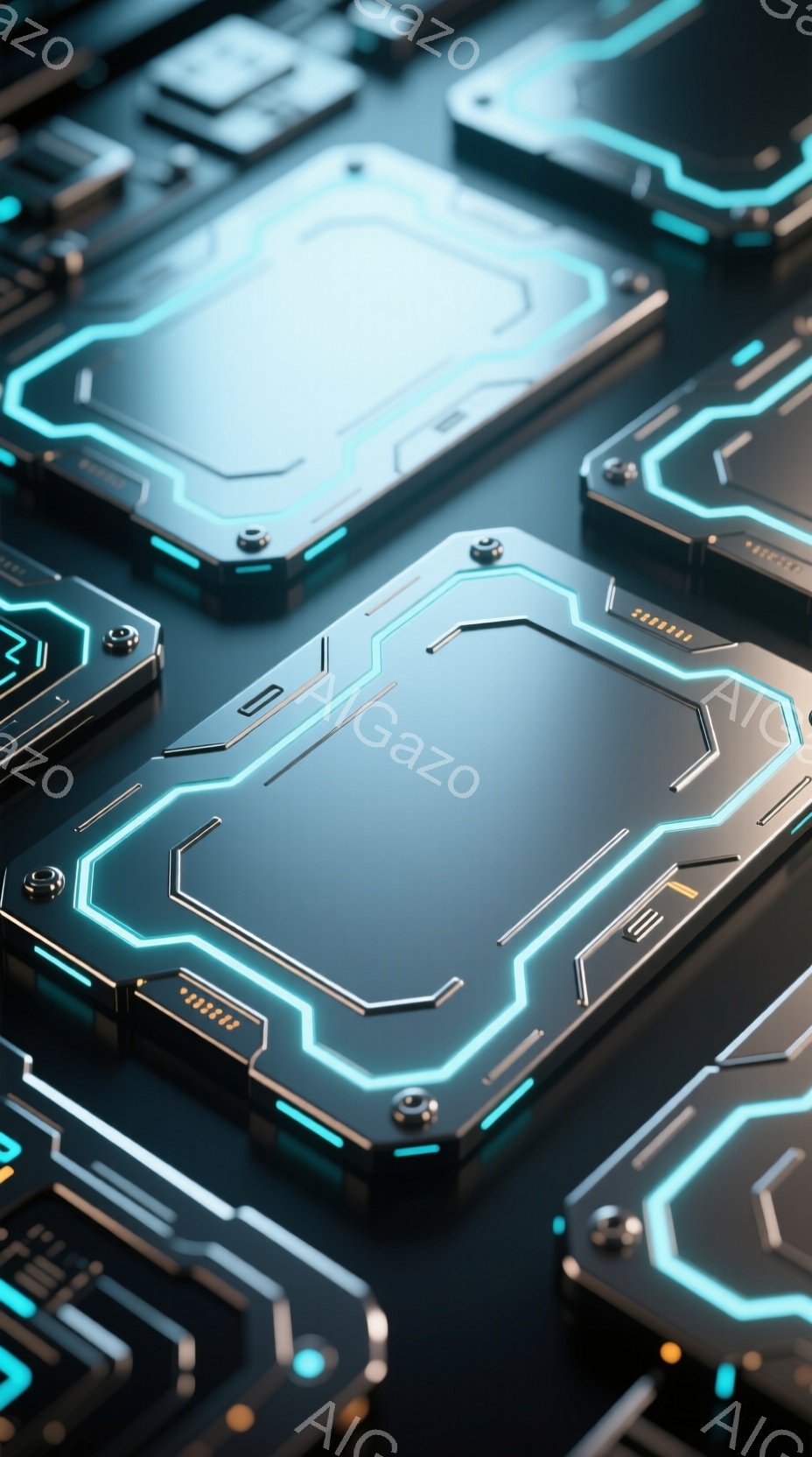 この画像は、未来的な回路基板のクローズアップです。暗い背景に、青い光を放つ幾何学的なパターンが繰り返されています。光の線が回路を縁取り、高度な技術と未来的な雰囲気を強調しています。