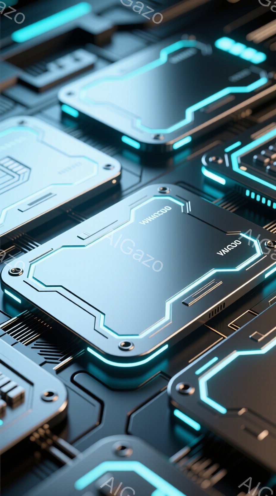 この画像は、明るい青色の光る電子回路のクローズアップです。複数の金属製のチップや回路が複雑に配置され、未来的な技術を連想させます。全体的に、冷たく、精密で、洗練された雰囲気を持っています。 - AI生成フリー素材