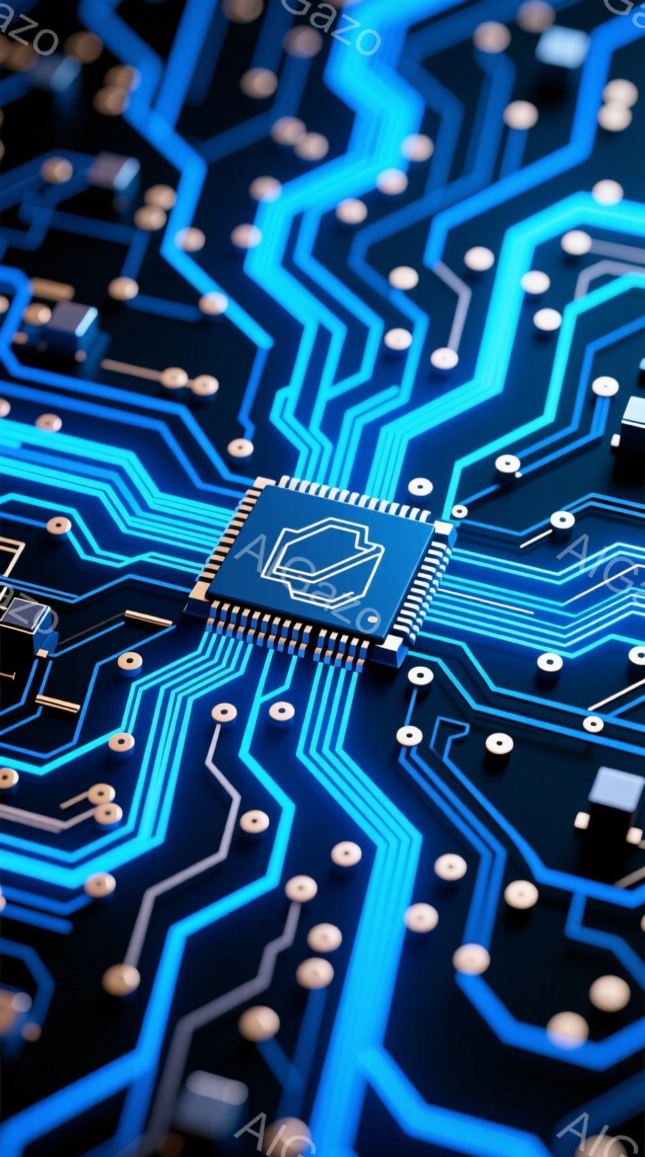 この画像は、青色の回路基板をクローズアップしたものです。複雑な配線が光を反射し、中央には銀色のチップが配置されています。全体的に未来的なテクノロジーを感じさせる、鮮やかで洗練された印象です。