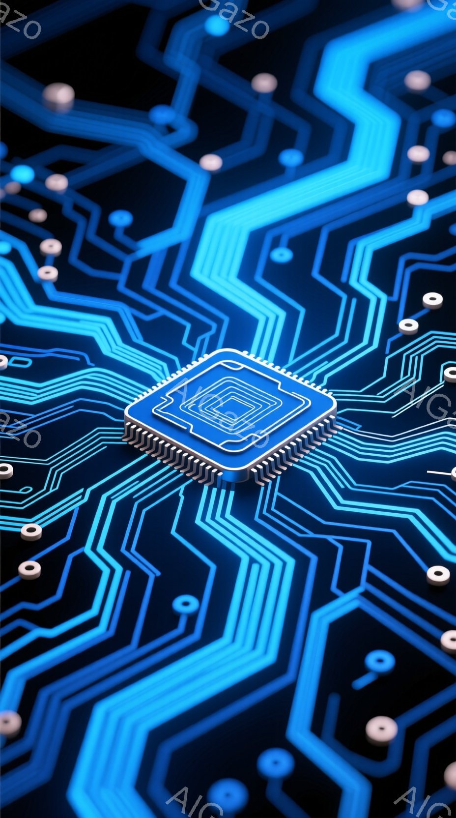 この画像は、青色の回路基板を背景とした、コンピューターチップのクローズアップです。チップは四角形で、中央に小さな正方形が配置され、複雑な配線パターンが特徴です。全体的に未来的な雰囲気で、テクノロジーやデジタル世界を連想させます。