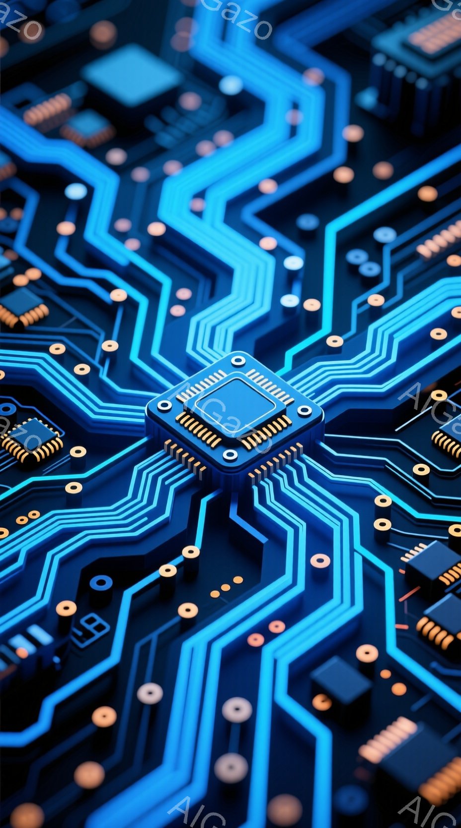 この画像は、青色の回路基板をクローズアップしたものです。様々な電子部品が複雑に配置され、細い線が迷路のように繋がっています。基板全体が鮮やかな光を放ち、未来的なテクノロジーの雰囲気を醸し出しています。 - AI生成フリー素材