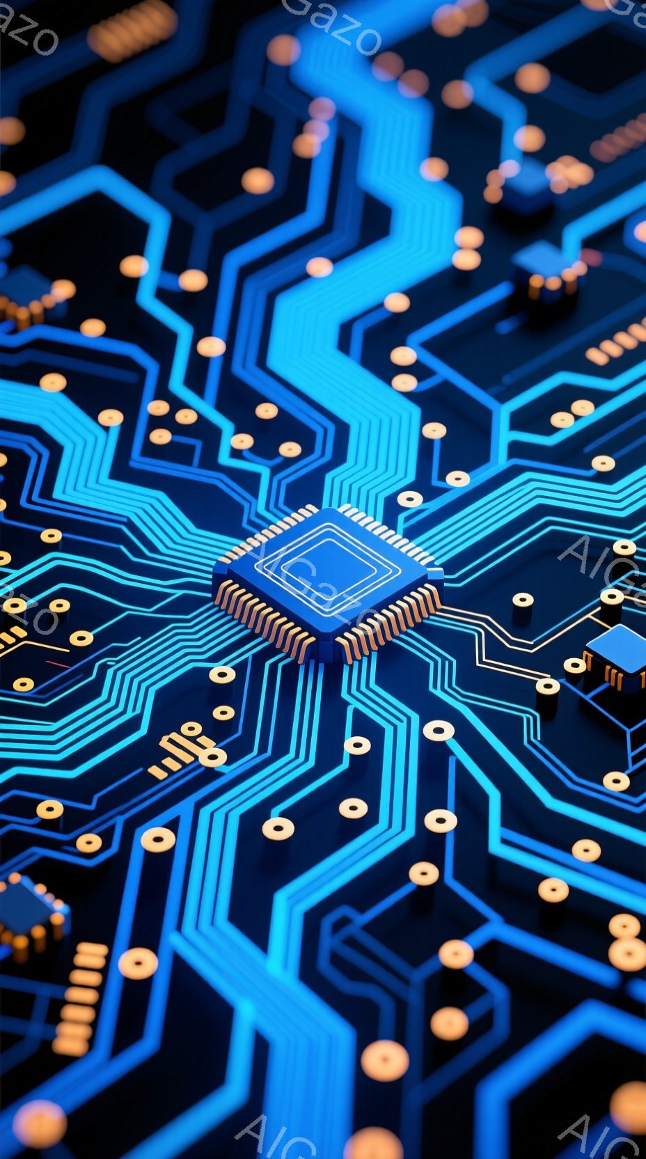 この画像は、青色の回路基板をクローズアップしたもので、電子機器の内部構造を表現しています。基板上には多数の配線と小さな円形の部品が配置され、中心には四角いICチップが配置されています。全体的に未来的で技術的な雰囲気が漂い、鮮やかな青色が印象的です。