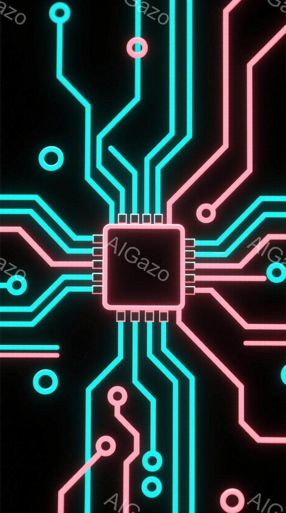 鮮やかなネオンピンクとターコイズブルーの線が、黒い背景に複雑な回路図のようなパターンを描いています。中心には発光する四角形のチップがあり、そこから放射状に線が伸びて、ところどころに小さな円形のノードが配置されています。全体的に未来的なテクノロジーを感じさせる、シンプルで抽象的なイメージです。