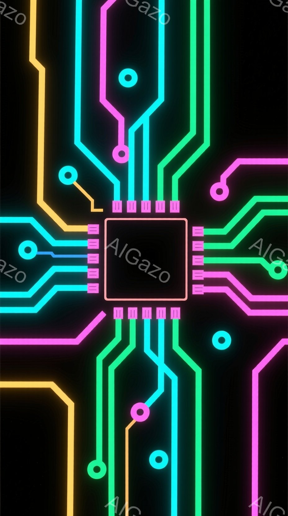 鮮やかなネオンカラーの回路図が黒い背景に描かれています。回路は様々な色の線で構成され、中心にあるチップのような部品に接続されています。全体的に未来的なテクノロジーを感じさせる、クールでスタイリッシュな雰囲気です。