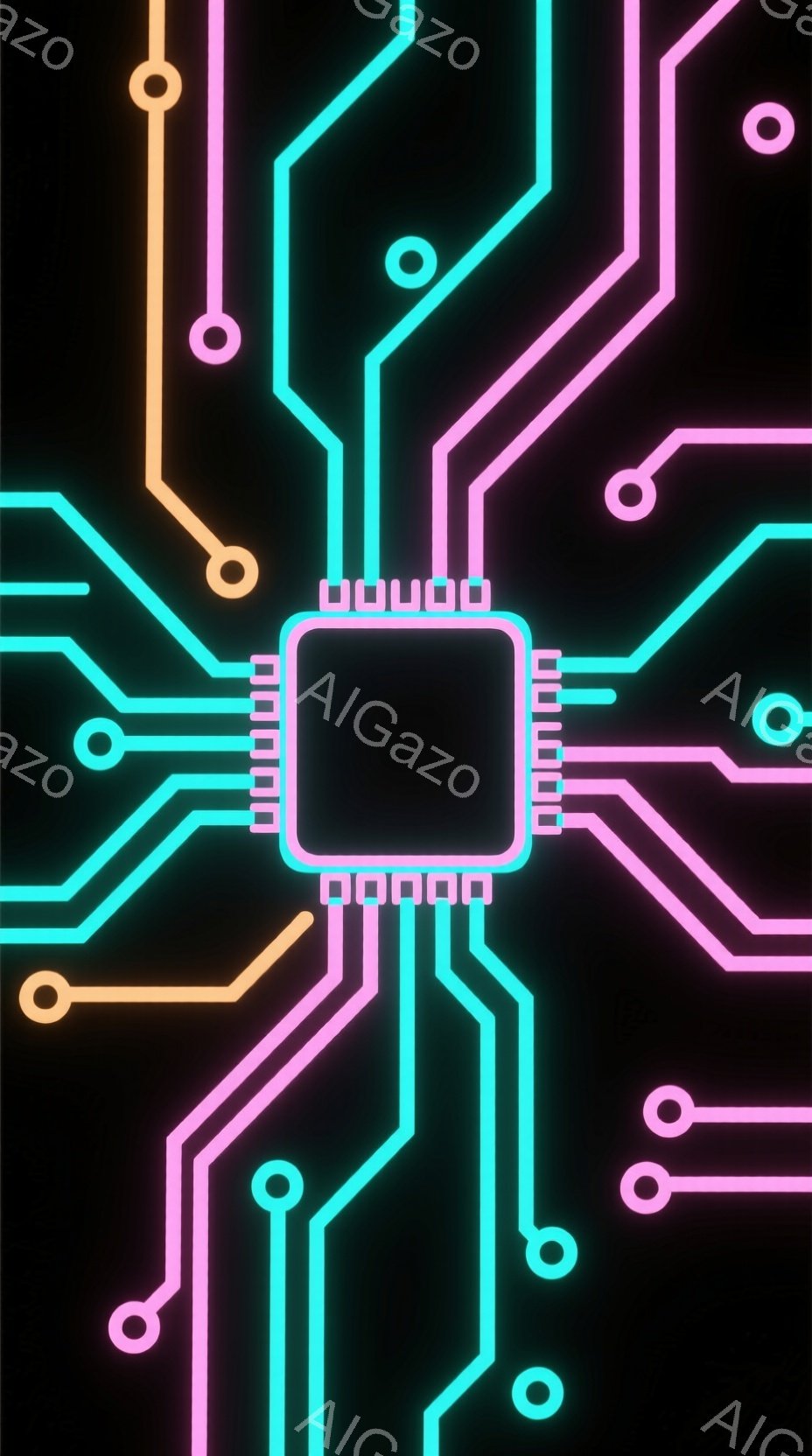 鮮やかなネオンカラーの回路が黒い背景に描かれています。中央には、複数のピンを持つ小さなチップが配置され、そこから放射状に線が広がっています。全体的に、未来的な技術や電子機器を連想させる、スタイリッシュでモダンな雰囲気です。