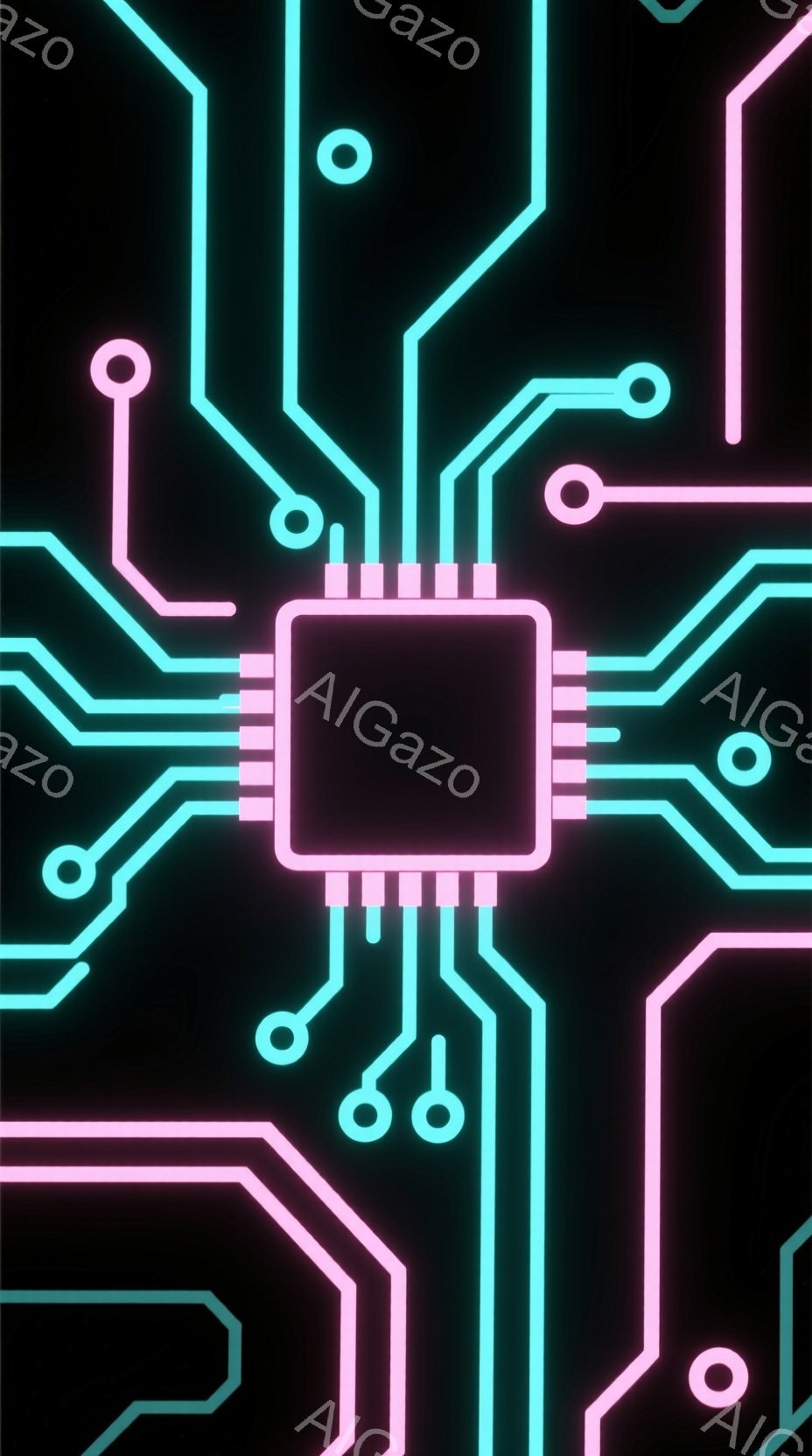 この画像は、黒色の背景に、ターコイズブルーとピンクのネオンライトのような線で構成された回路図のようなデザインです。中央には、ピンク色のチップが配置されており、そこから様々な方向に線が伸びています。全体的に、未来的な技術や電子機器を連想させる、クールでミニマルな雰囲気です。
