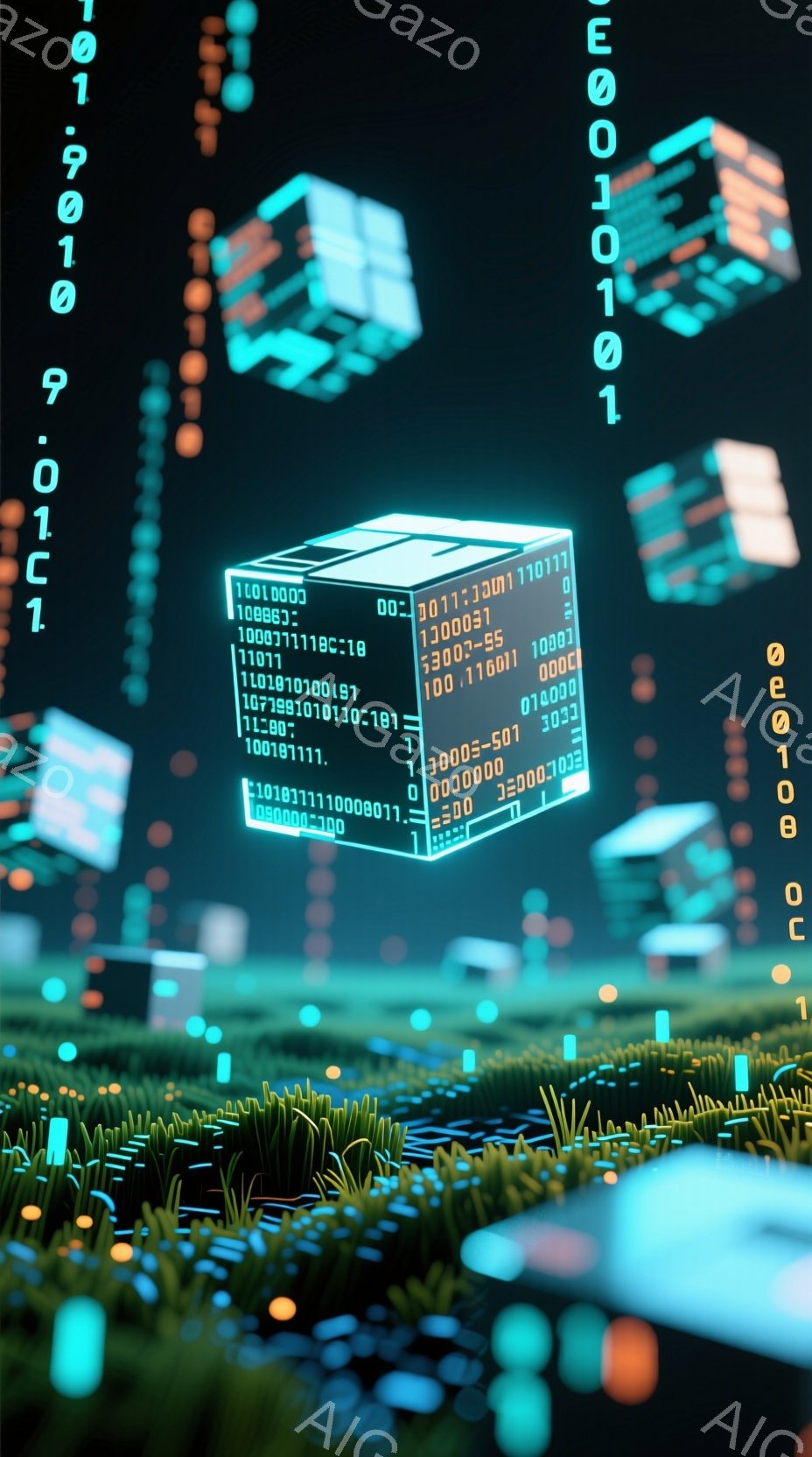 鮮やかな緑の草の上に、カラフルな立方体が浮かび、その周囲にデジタルな光の粒子が飛び交っている。背景には、サイバーパンク風のビル群がぼんやりと見え、未来的な都市の風景が広がっている。全体的に、デジタルと自然が融合した、幻想的で近未来的な雰囲気を醸し出している。