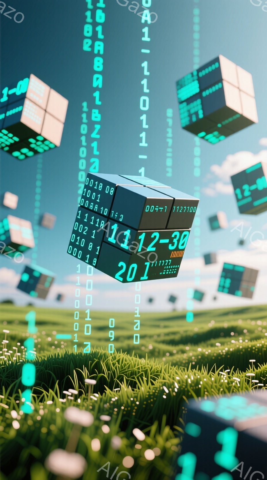 鮮やかな緑の草の上に、デジタルな立方体が浮遊しており、それぞれの面にバイナリコードや数字が光っています。空には、緑色の細長い光の筋が点在し、幻想的な雰囲気を醸し出しています。全体的に、サイバーパンクと自然が融合したような、未来的で神秘的なイメージです。