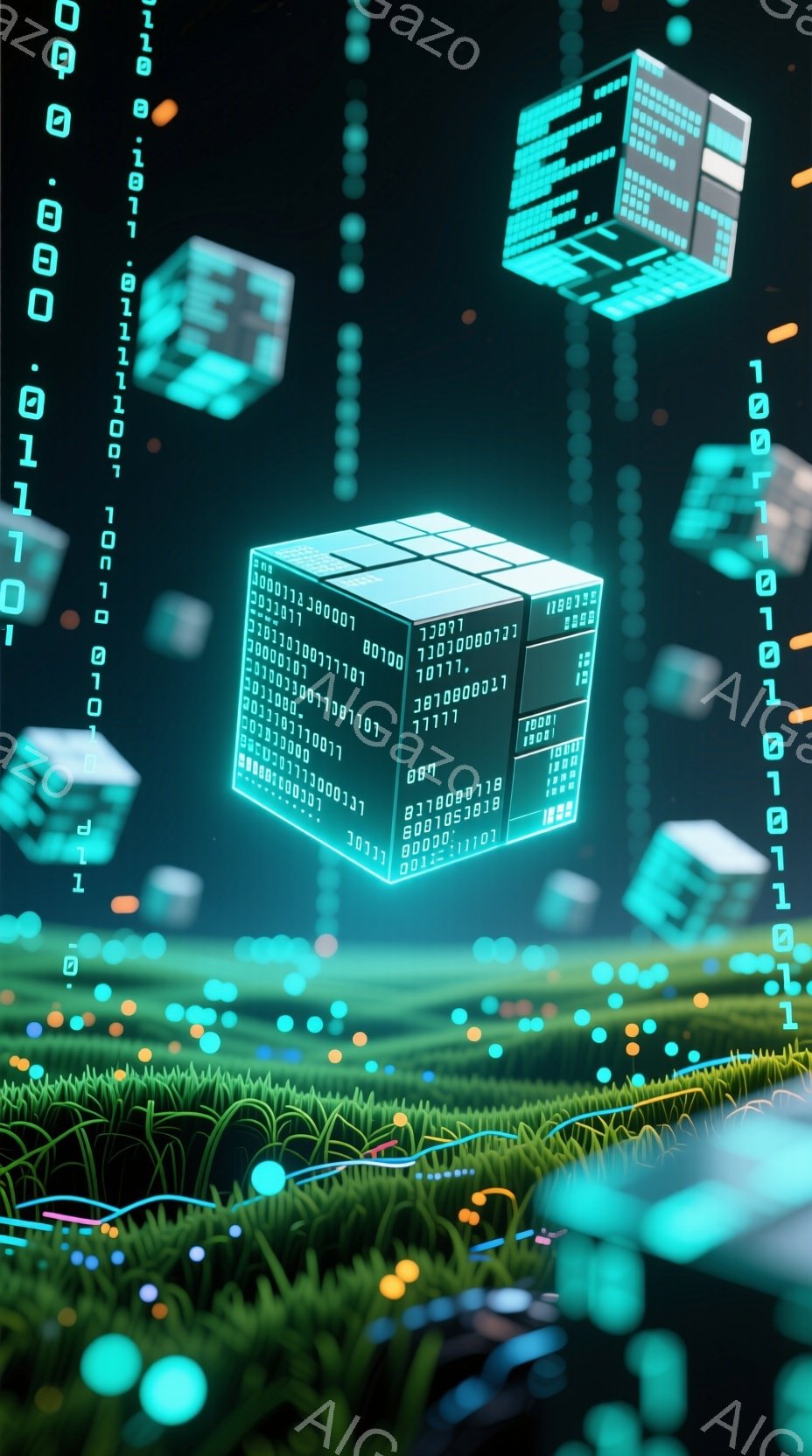 この画像は、緑豊かな草原の上に浮かぶ、緑色の立方体とデジタルコードで構成されています。立方体は光を放ち、内部には複雑な回路のようなものが描かれており、まるで未来的なテクノロジーの象徴のようです。背景には暗い空が広がり、全体的にサイバーパンク風で神秘的な雰囲気を醸し出しています。