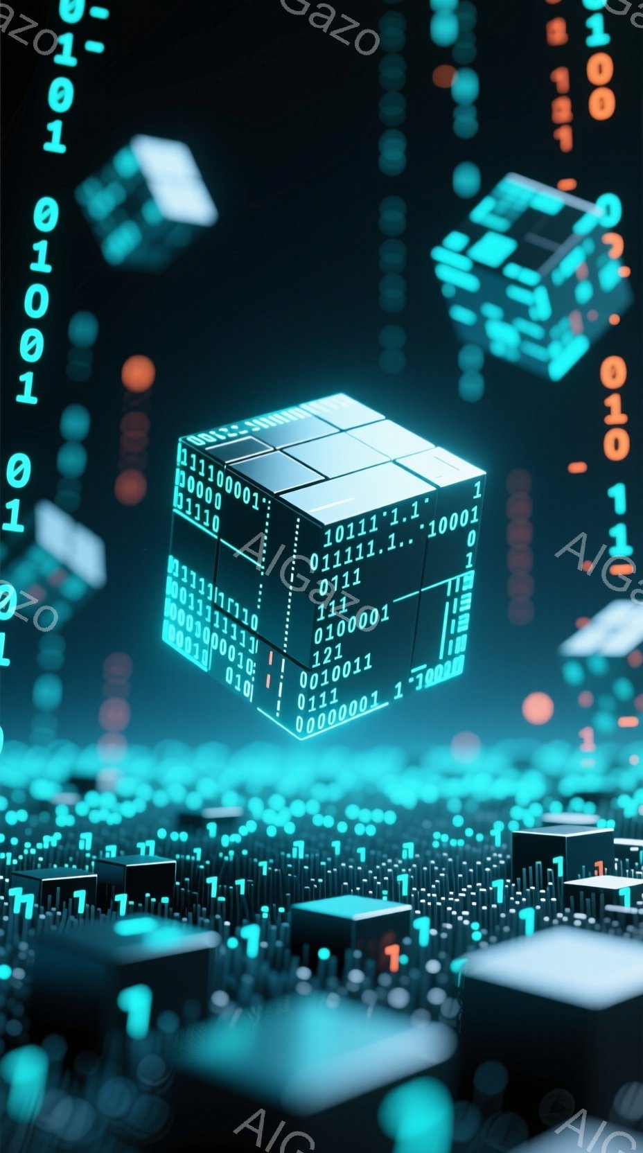 画像は、緑と青のデジタルコードが背景に広がる中で、さまざまな立方体が浮かび上がっている様子を描写しています。各立方体には、ランダムなバイナリーコード（0と1）が表面に表示されており、未来的なデジタル空間を表現しています。全体的に、クールでテクノロジー感溢れる雰囲気で、サイバーパンクや仮想現実の世界を連想させます。