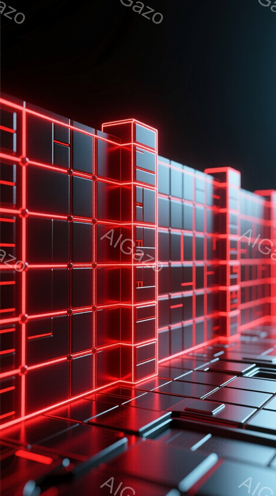 鮮やかなネオンピンクの光が走る、未来的な立方体の構造物が広がっている。構造物は床面にも続き、遠近法によって奥行きが強調され、サイバーパンクのような雰囲気を醸し出している。暗い背景と発光する立方体がコントラストをなし、独特な視覚効果を生み出している。