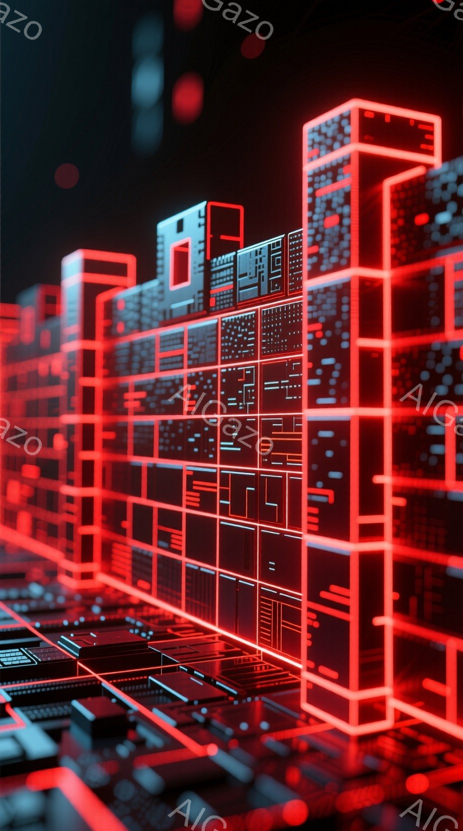 鮮やかな赤色の発光線で構成された未来的な都市景観が描かれている。幾何学的な形状の建物が複雑に絡み合い、回路基板のような背景が、サイバーパンク的な雰囲気を醸し出している。全体的に、テクノロジーと未来都市の融合を感じさせる、クールで刺激的なイメージである。