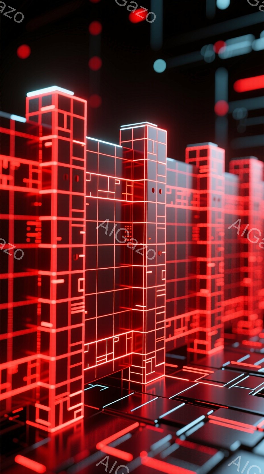 この画像は、赤い線で構成された未来的な都市景観を描いています。建物は光るワイヤーフレームで構成され、サイバーパンクやテクノロジーを連想させる雰囲気を醸し出しています。暗い背景と光る線とのコントラストが、鮮烈で没入感のある視覚効果を生み出しています。