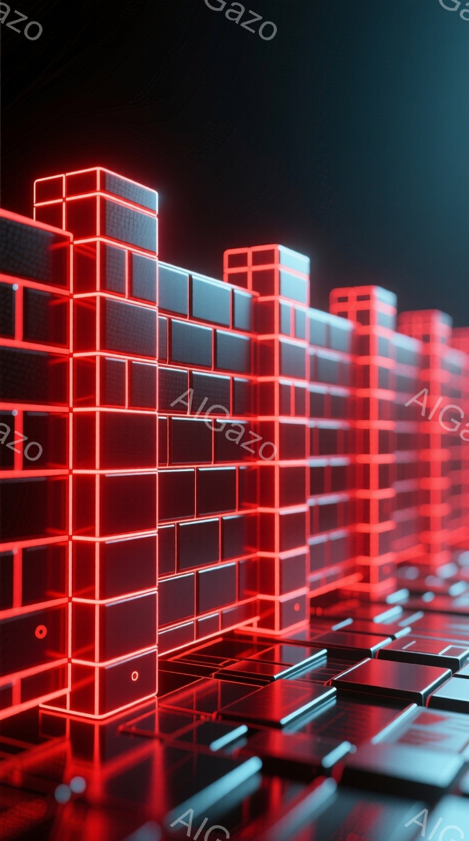 鮮やかな赤色のキューブが積み重なり、未来的な都市景観を形成しています。黒い反射面がキューブの光を強調し、サイバーパンクのような雰囲気を醸し出しています。全体的に、鮮やかでモダンな、光と影のコントラストが美しい画像です。