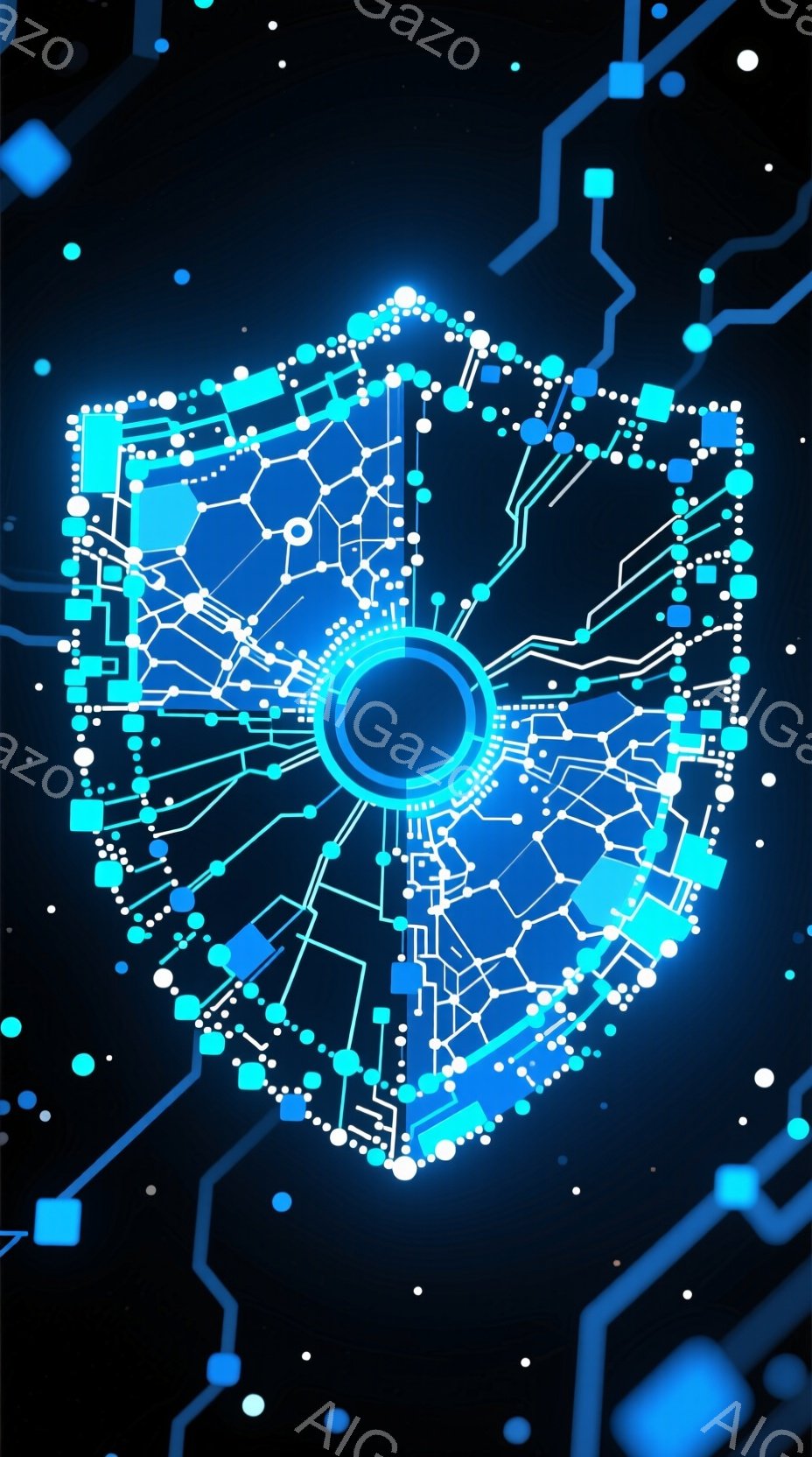 この画像は、未来的な青色のシールドのデジタルイラストです。シールドは、複雑な回路図のような線と点によって構成されており、中央には円形の光るコアがあります。背景は暗く、同様の青い線と点が散りばめられてお - AI生成フリー素材