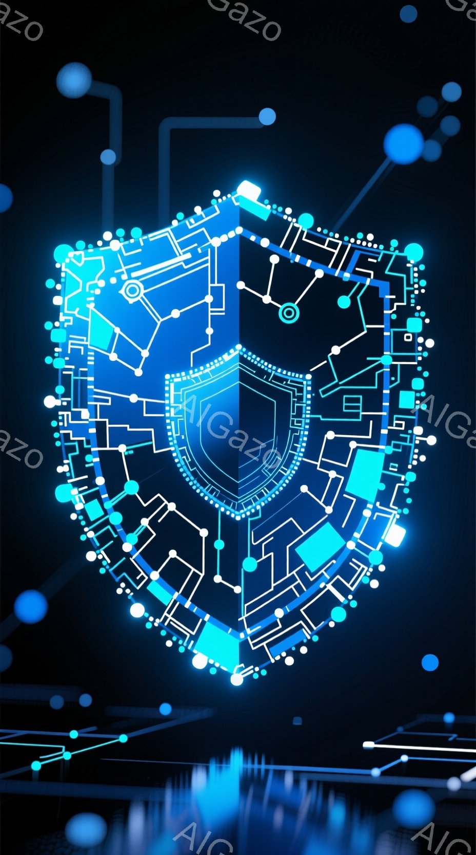鮮やかな青色のデジタルシールドが、暗い背景に浮かび上がっています。シールドは複雑な回路パターンで構成され、接続された点線と小さな円が全体を彩っています。この画像は、サイバーセキュリティやデータ保護といったテーマを連想させ、未来的な雰囲気を醸し出しています。