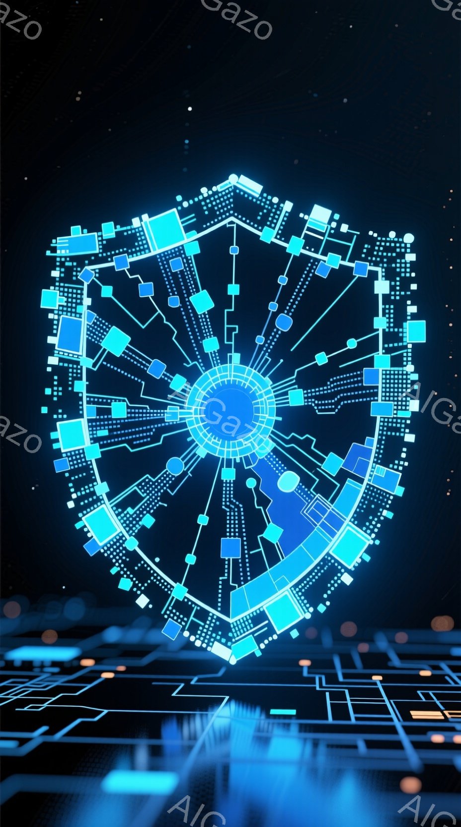 鮮やかな青色のテクノロジー系なシールドが中央に配置されており、細かな回路のような線と点によって構成されています。背景は暗く、青い光のラインがぼやけて見え、未来的なデジタル空間を想起させます。全体的に、 - AI生成フリー素材